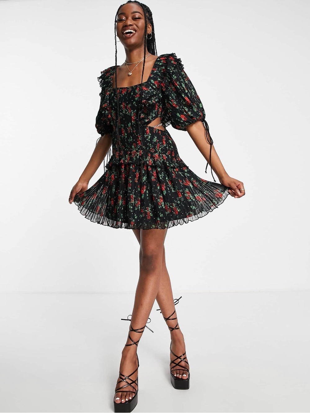 ASOS DESIGN pleat mini dress with ruffle and tie detail in rose floral print